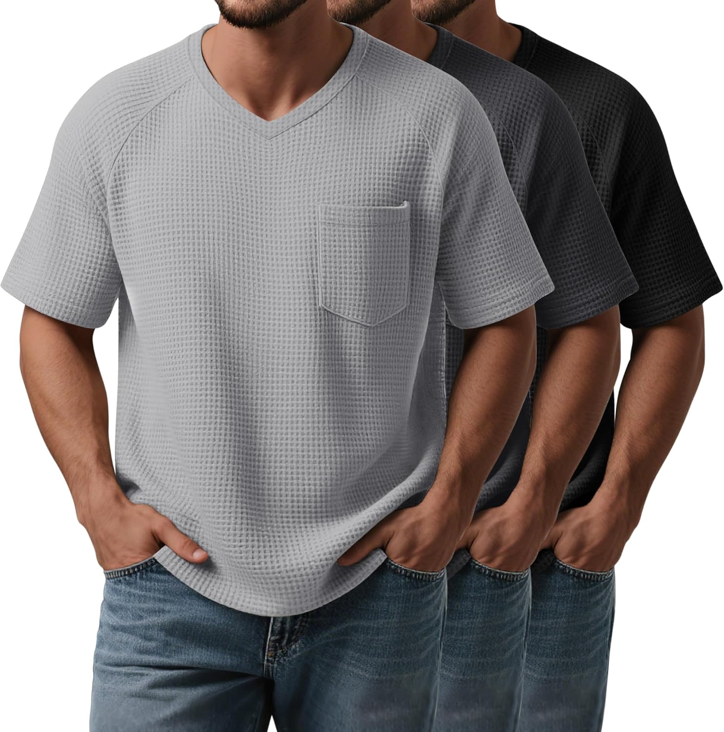 3 Pack Big and Tall Men's V Neck T-Shirts Waffle Knit Short Sleeve Basic Plus Size Tee Casual Top with Pocket