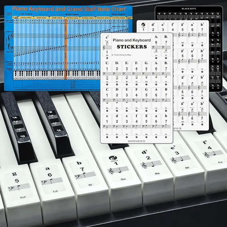 Adesivos removíveis de teclado de piano para teclas 88/76/61/54/37 - Guia de notas musicais transparentes com etiquetas completas de teoria musical para aprendizagem de piano (preto)