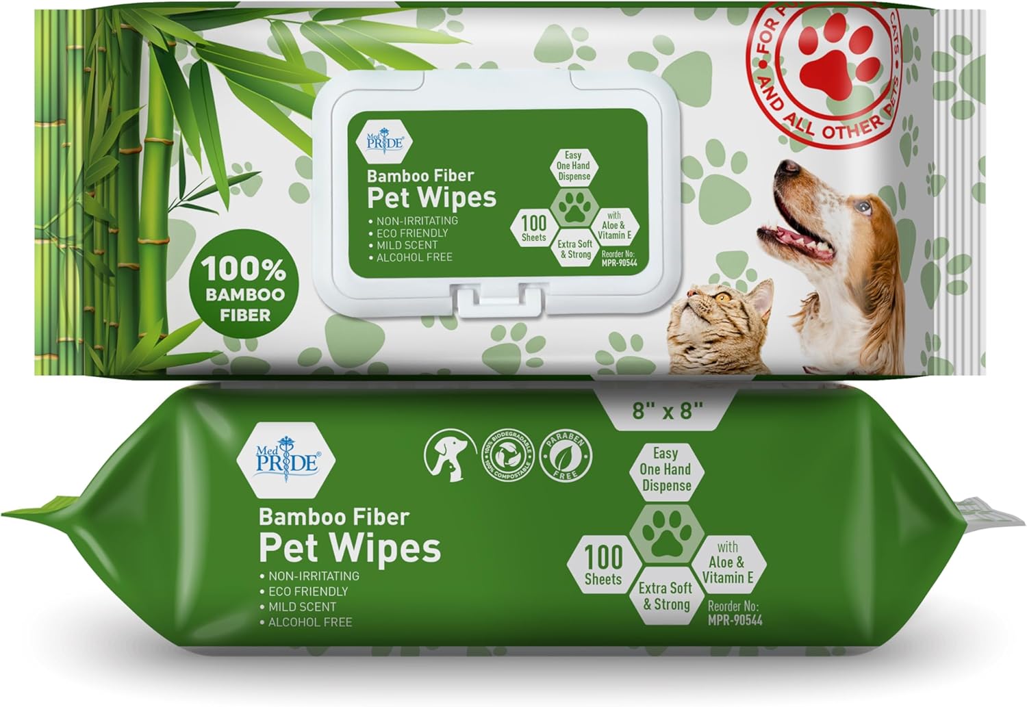 MED PRIDE Gentle Doggie Towelettes Biodegradable Pet Wipes XL – 100% Bamboo Fiber Dog & Cat Cleaning Wipes with Aloe Vera – 8”x8” Hypoallergenic Deodorizing Grooming – 8 Packs (800 Count)