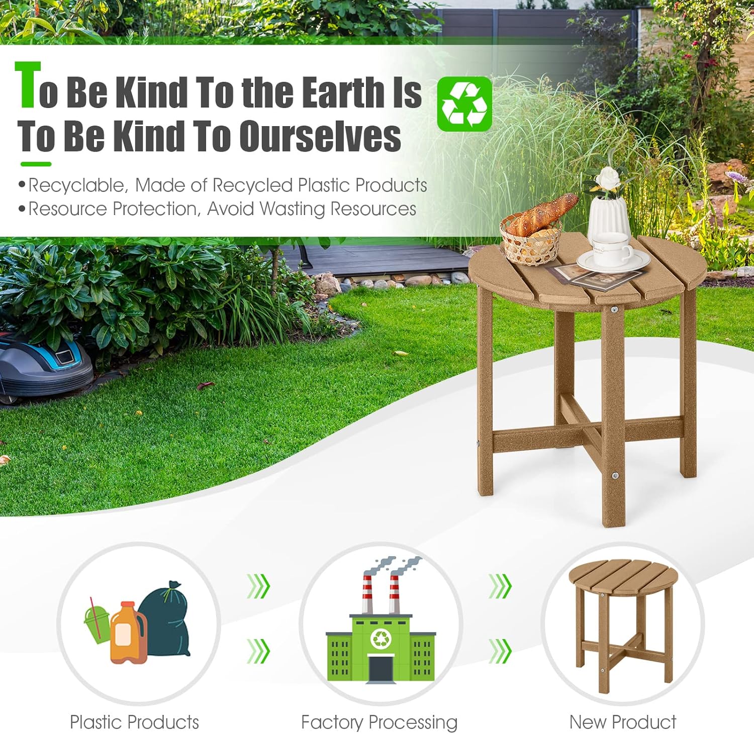 Tangkula Round Outdoor Side Table, 18 Inch Weather Resistant HDPE Adirondack Table, Outdoor Indoor Chairside End Tables, Patio Side Table for Lawn Garden Balcony Backyard, Easy Assembly (2, Brown)