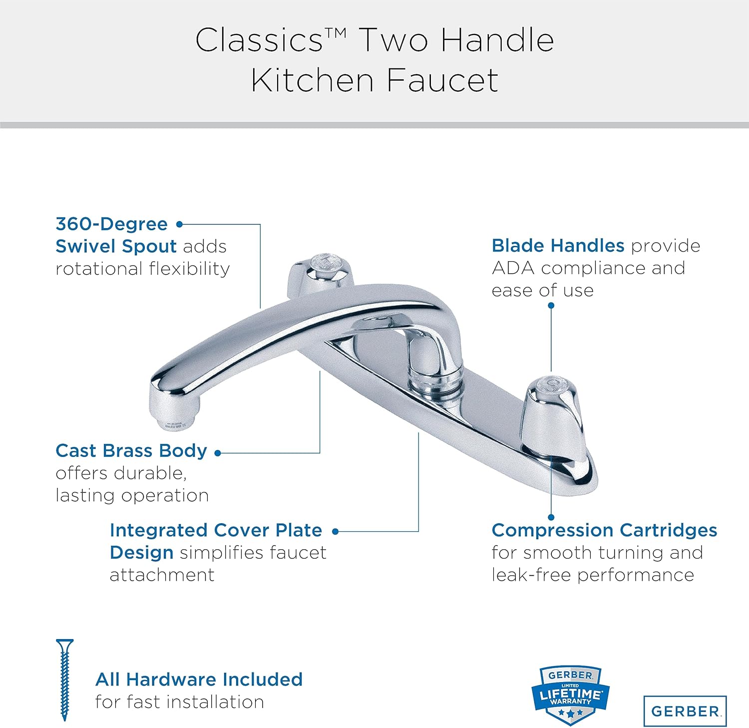 Gerber Classics Two Handle Kitchen Faucet 3-Hole Deck Plate Mounted with Metal Handles and Acrylic Hot Cold Buttons, Chrome G0042116 - Commercial Kitchen Sink Faucet