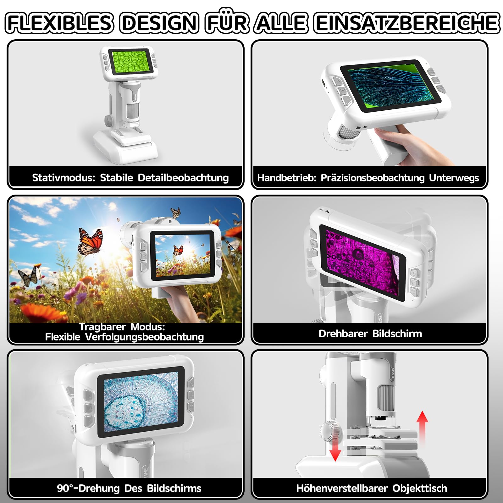 Charmofun Mikroskop für Kinder, Digitales Mikroskop mit 64GB Speicherkarte, Microscope for Kids mit 4 Zoll LCD-Display und 1600X Große Vergrößerung, Foto- und Videoaufnahme, Hand-und Stativfunktion