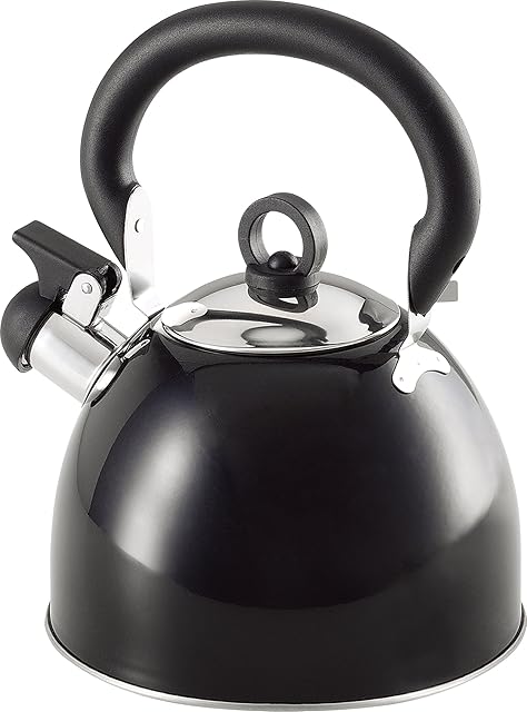 Buckingham Black Colour Coated Stainless Steel Retro Whistling Kettle 2.5 Litre with Heat Resistant phenolic Handle, 19.5 x 19.5 x 18 cm