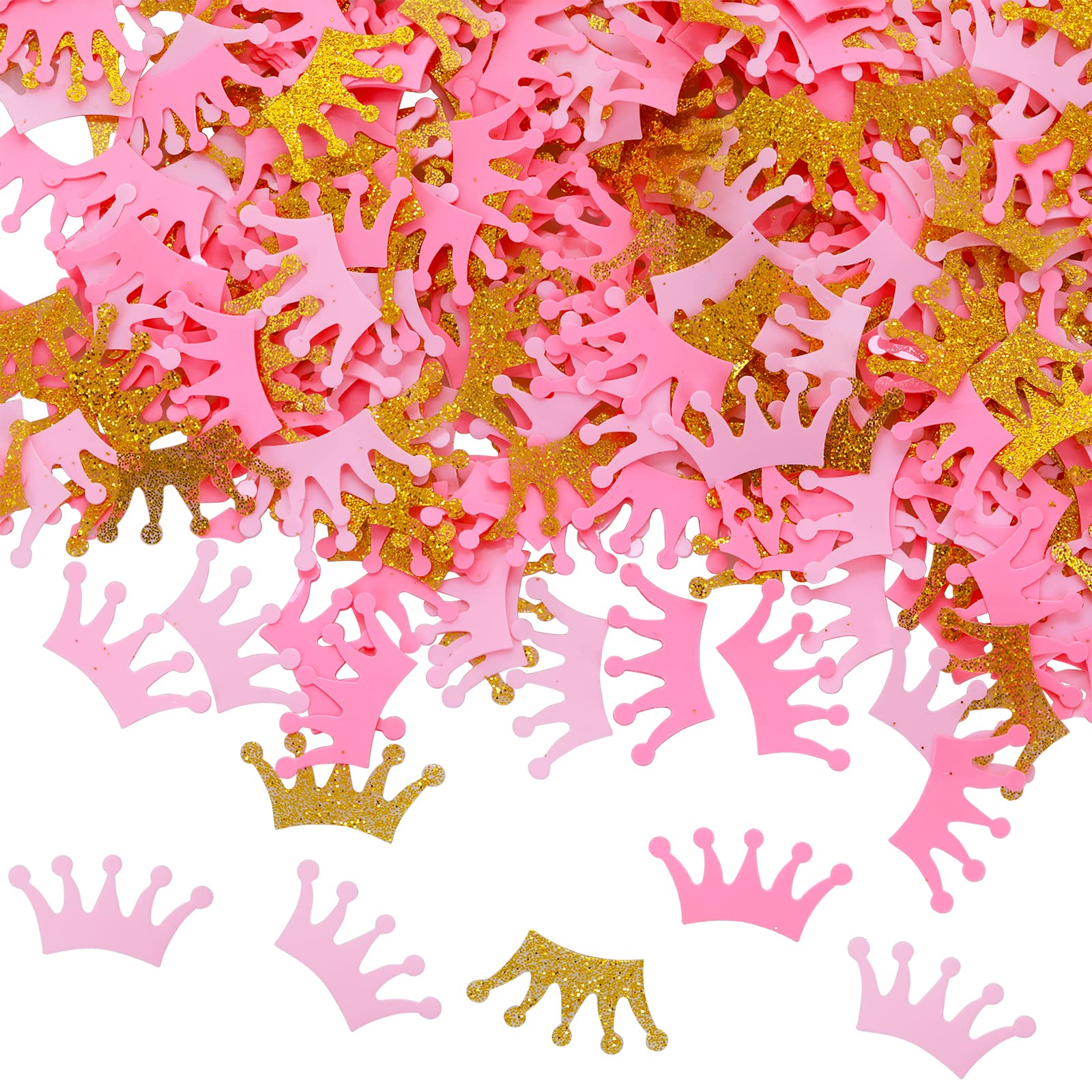 Prasacco300 Pcs Plastic Paper Crown Confetti Gold Pink Table Confetti for Princess Baby Shower Birthday Party Decorations