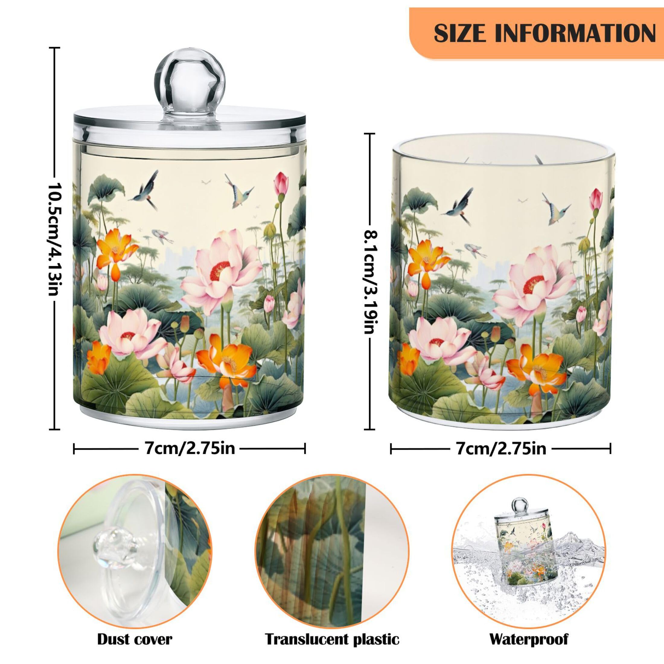 Kigai Lotus Pond Flowers Qtip Holder Dispenser 4 Pack Plastic Apothecary Jar Storage Organization Bathroom Vanity Makeup Storage Organization for Cotton Ball Swab Pad
