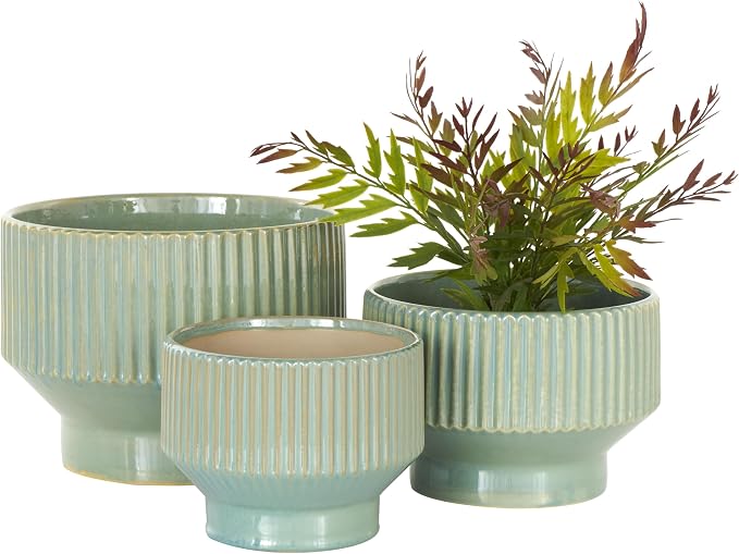 Deco 79 Ceramic Indoor Outdoor Planter Wide Small Planter Pot with Linear Grooves and Tapered Bases, Set of 3 Planters 10", 8", 7"W, Green