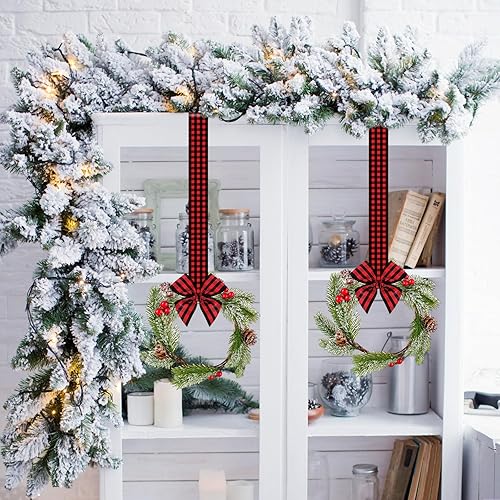 Miniatura 4 de Lyrow 8 Pcs 8" Mini Christmas Kitchen Cabinet Wreaths with Ribbon Bow Artificial Leaves Berries Hanging Wreaths for Christmas Home Front Door Window