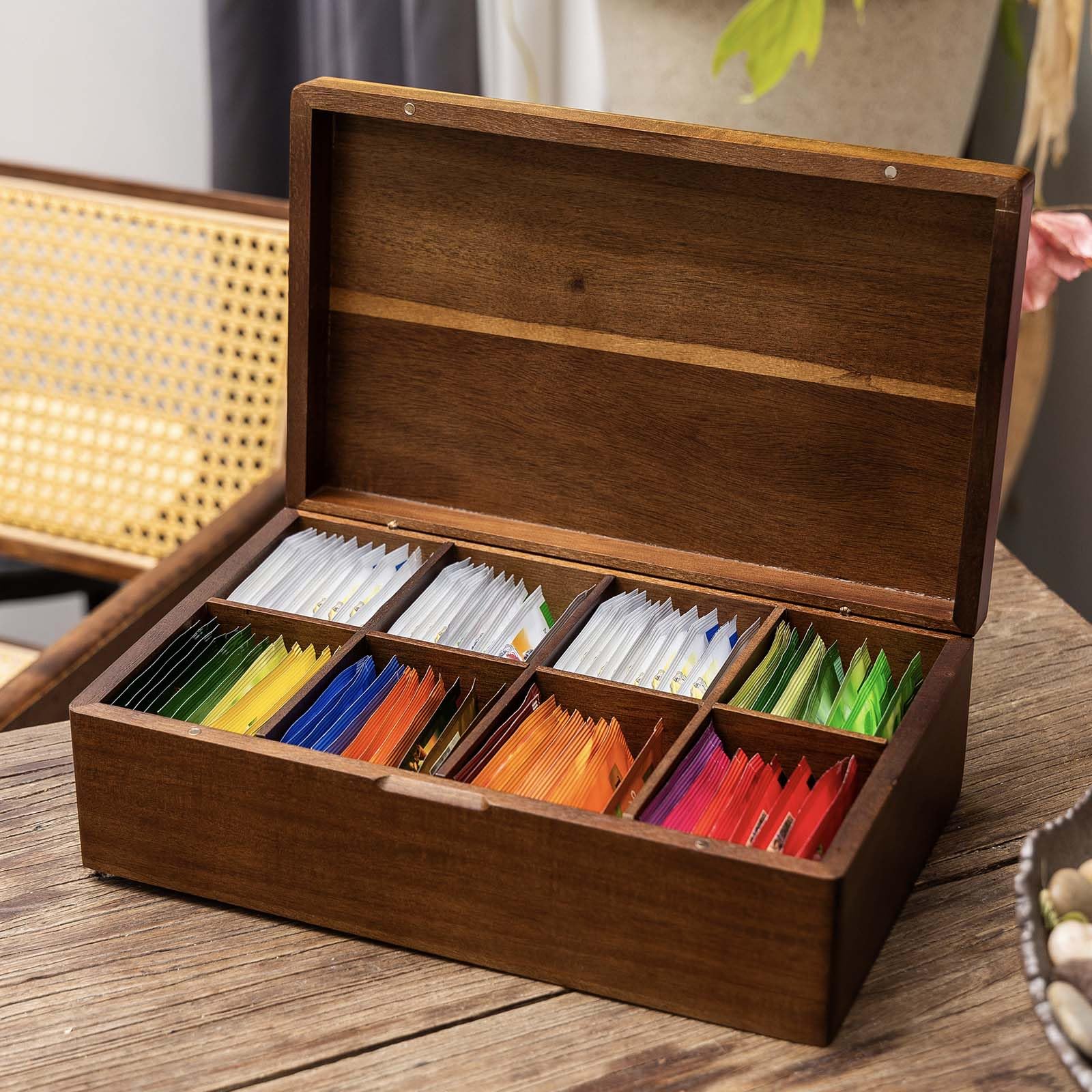 Organizadores de bolsas de té de madera de acacia, cajas de almacenamiento de paquetes de té, organizador de té para bolsas de té, contenedores de soporte para bolsitas de té, exhibición de estación