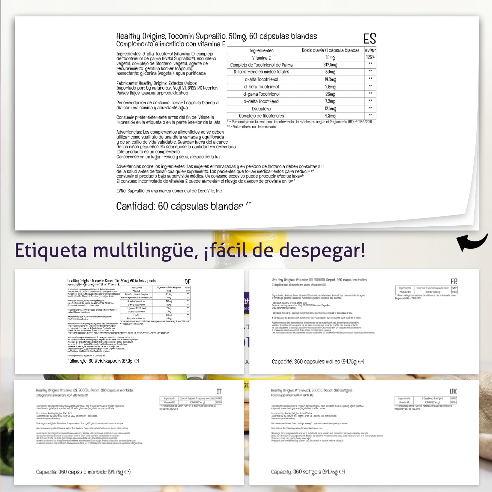 Healthy Origins, Tocomin Natural SupraBio, 50mg, 60 Cápsulas blandas, Probado en Laboratorio, Vitamina E, Sin Gluten, Sin Soja, No GMO
