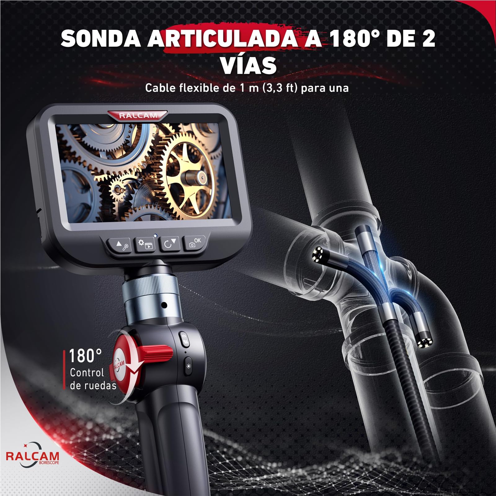 Ralcam Cámara Endoscópica con Pantalla 4,3" HD 1080P, 8,5mm con 6 LED, IP67 Impermeable, Endoscopio Profesional para Automóviles, Hogar y Fontanería (Sonda 1m Flexible)