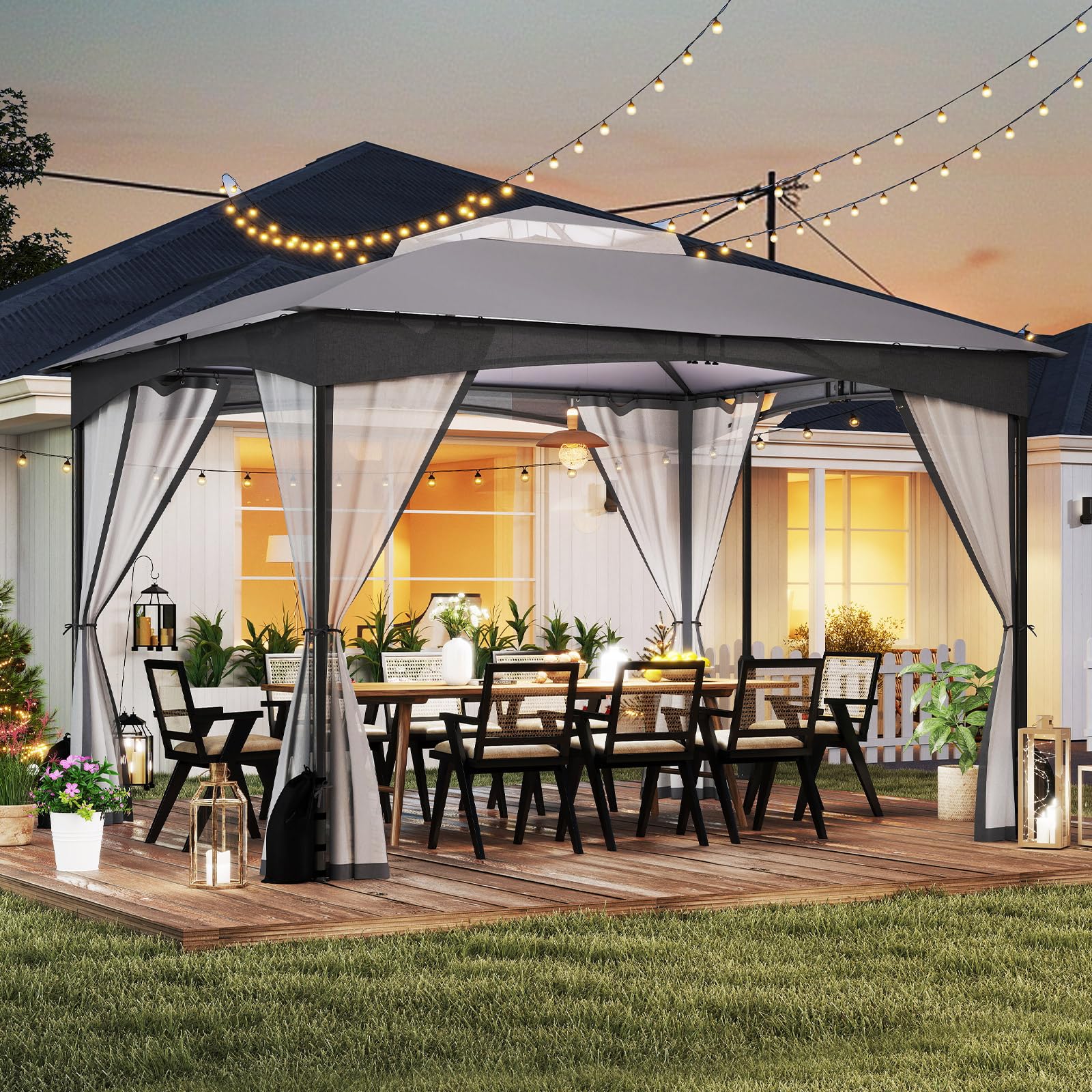 RELAX4LIFE Tonnelle de Jardin Exterieur avec Moustiquaire, Pavillon de Jardin, Protection Solaire, Cadre Métallique, Sacs de Sable, Montage sans Outil, Tente de Reception pour Terrasse Patio (Gris)