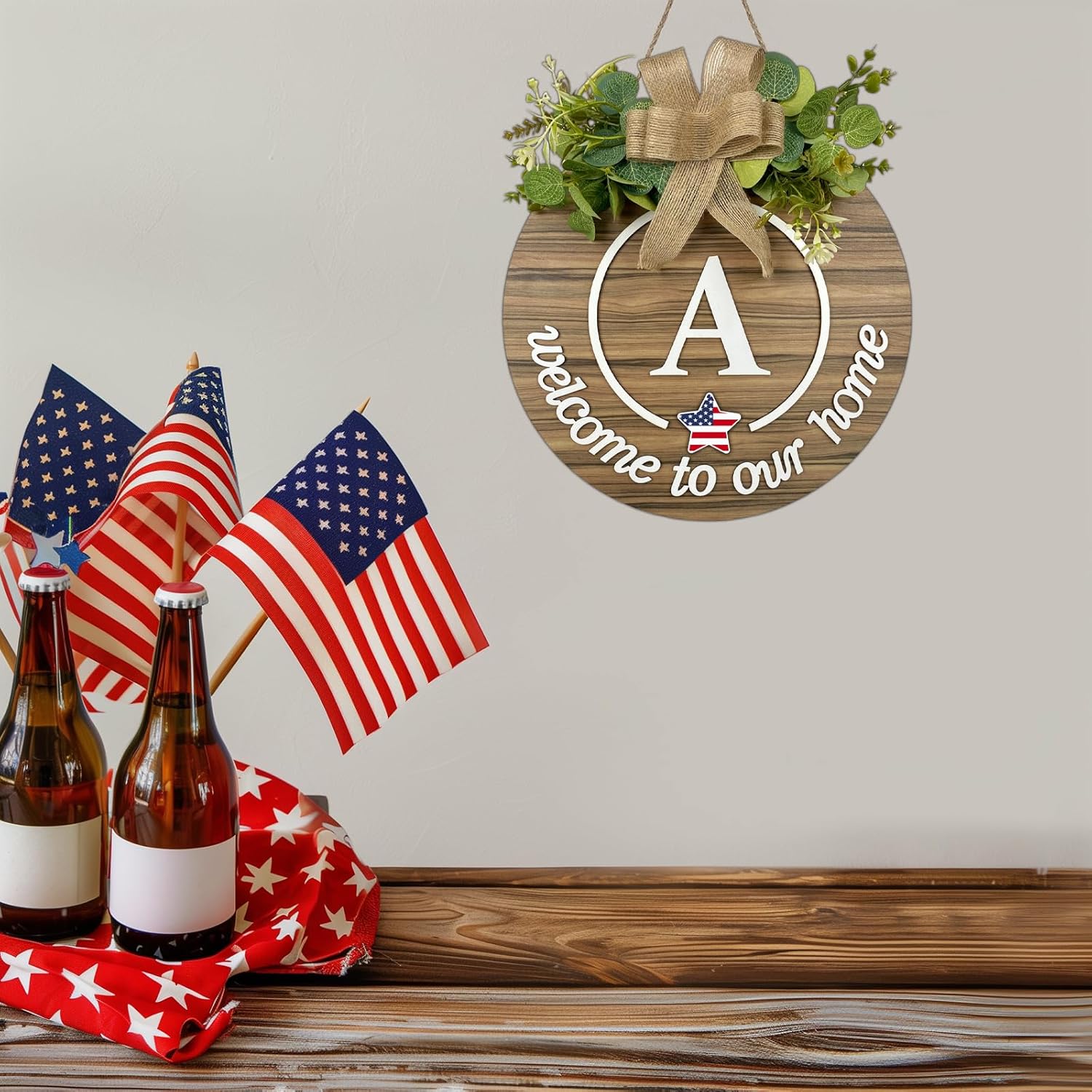 Interchangeable Seasonal Monogram Letter A Welcome Sign Front Door Decor Wooden Wreaths for Front Door Wreath Rustic Initial House Warming Porch Wall Home Decorations for All Seasons