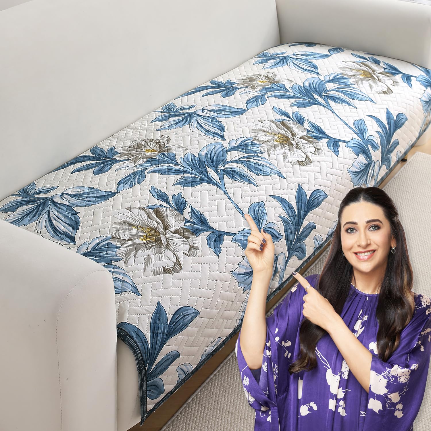 HOKIPO 'HomeHues Series' Printed Quilted Sofa Cover Mats for L Shape and 1/2/3 Seater Sofa. Make Your Own Sofa Cover Set, Mat Length 90(D) X 180(L) Cm, Celadon Blue Camellia (IN-810-D8)