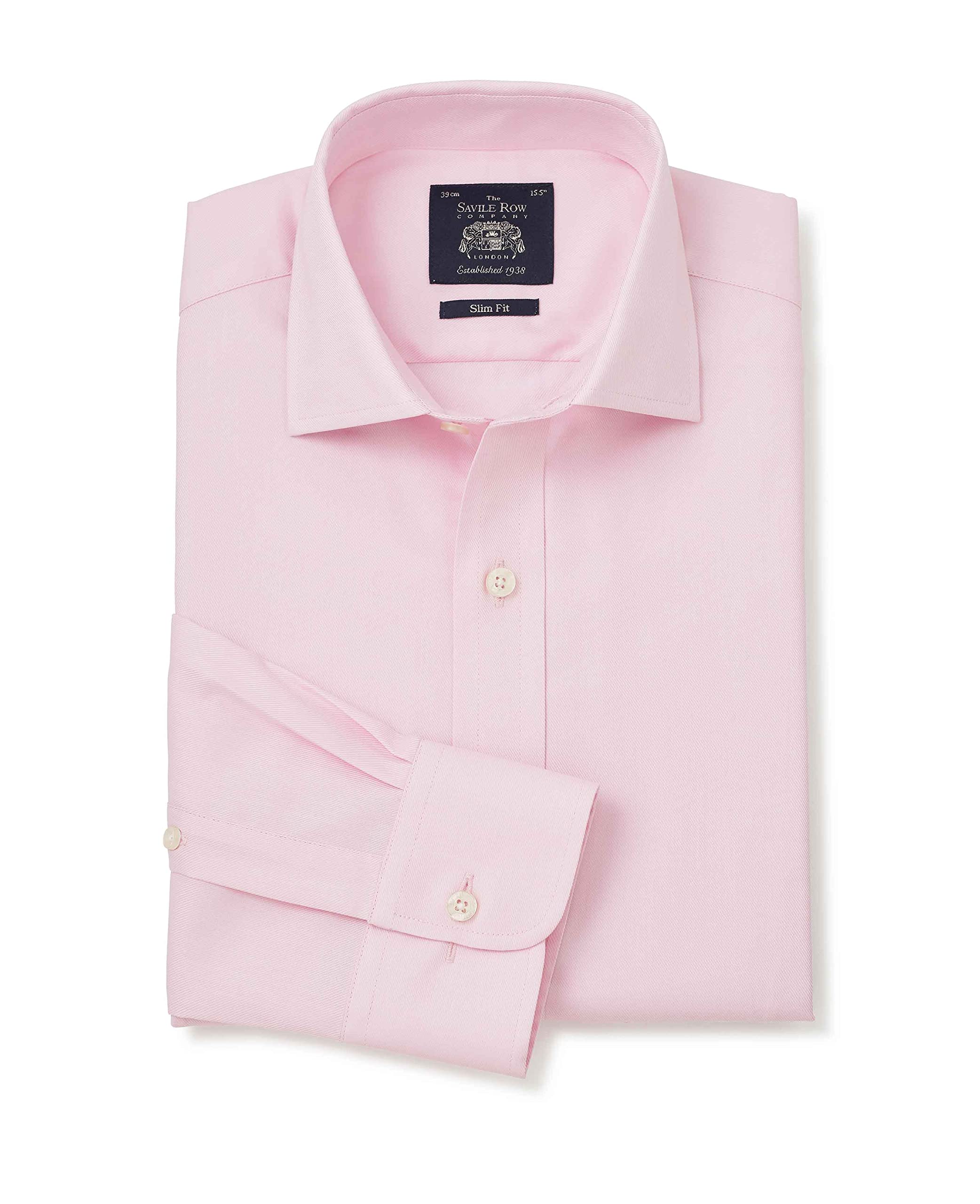 THE SAVILE ROW COMPANY LONDON Men's Slim Fit Cotton Twill Long Sleeve Formal Shirt - Double Cuff - Pale Pink - 17.5" Collar - Standard