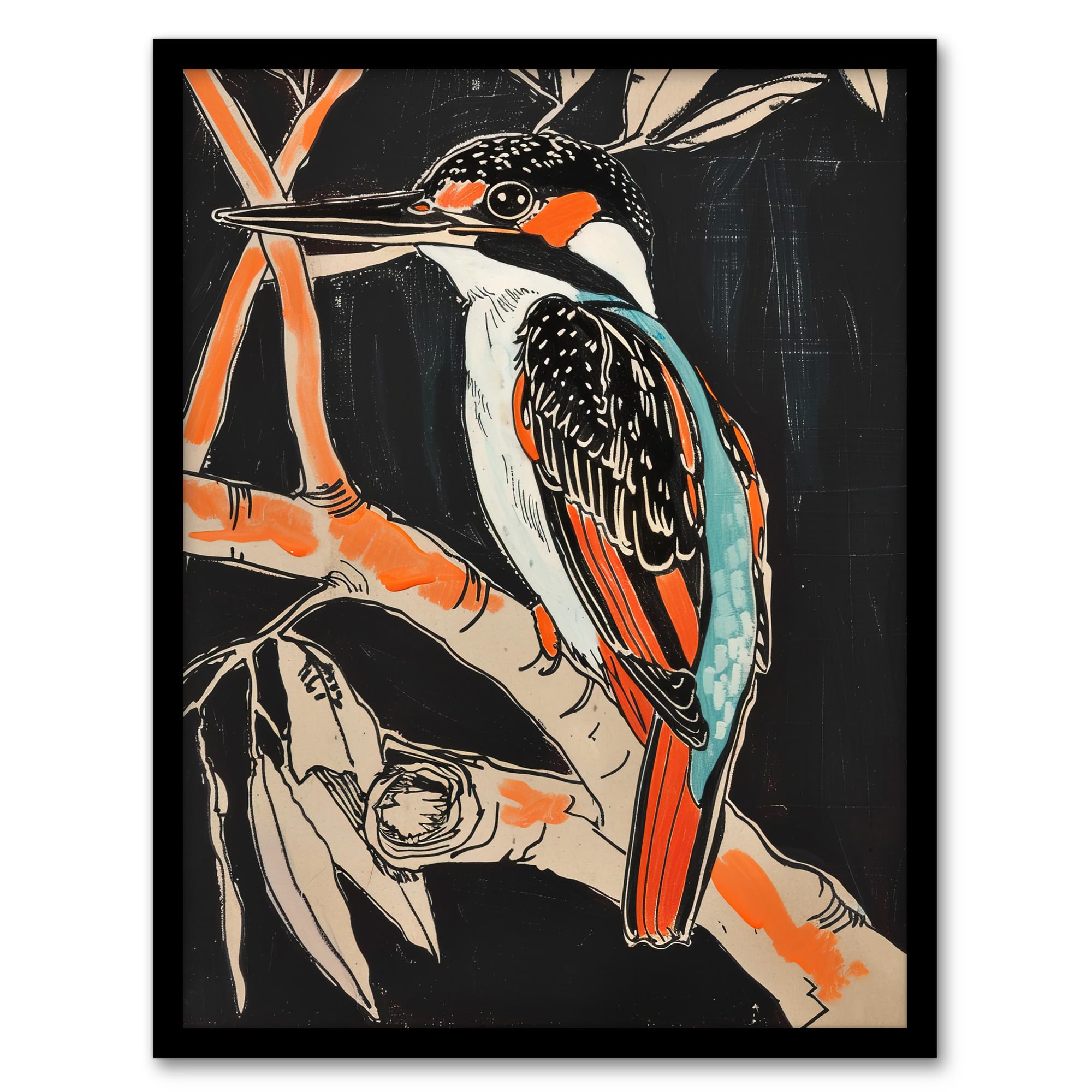 Artery8 Modernist Kingfisher Bird on Branch Black Orange Living Room Artwork Framed Wall Art Print A4