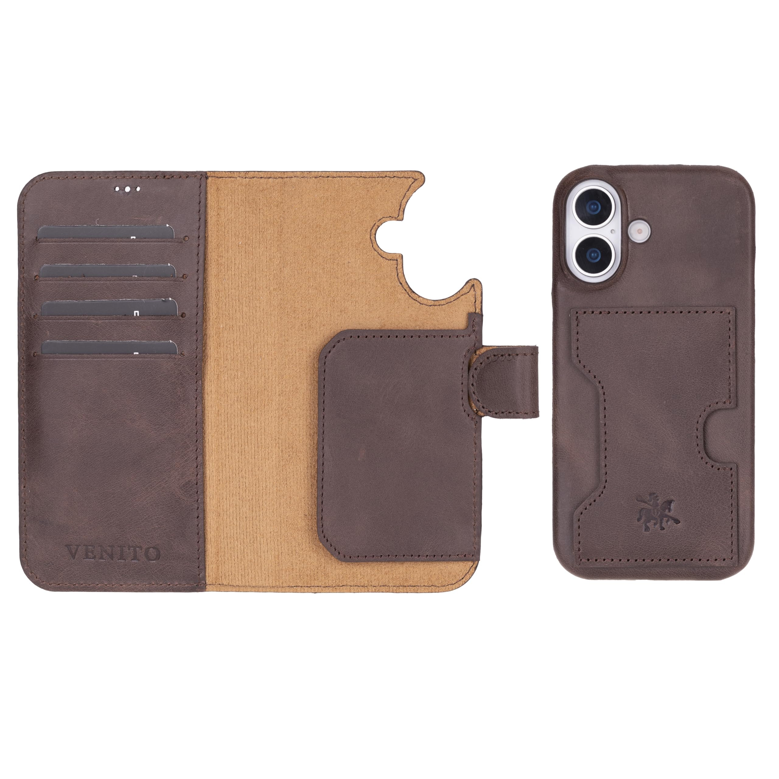 Venito Florence - Funda tipo cartera para iPhone 17 (6.3 pulgadas), hecha a mano, cuero de grano completo, diseño delgado de lujo, funda desmontable no magnética, resistente a caídas y impactos