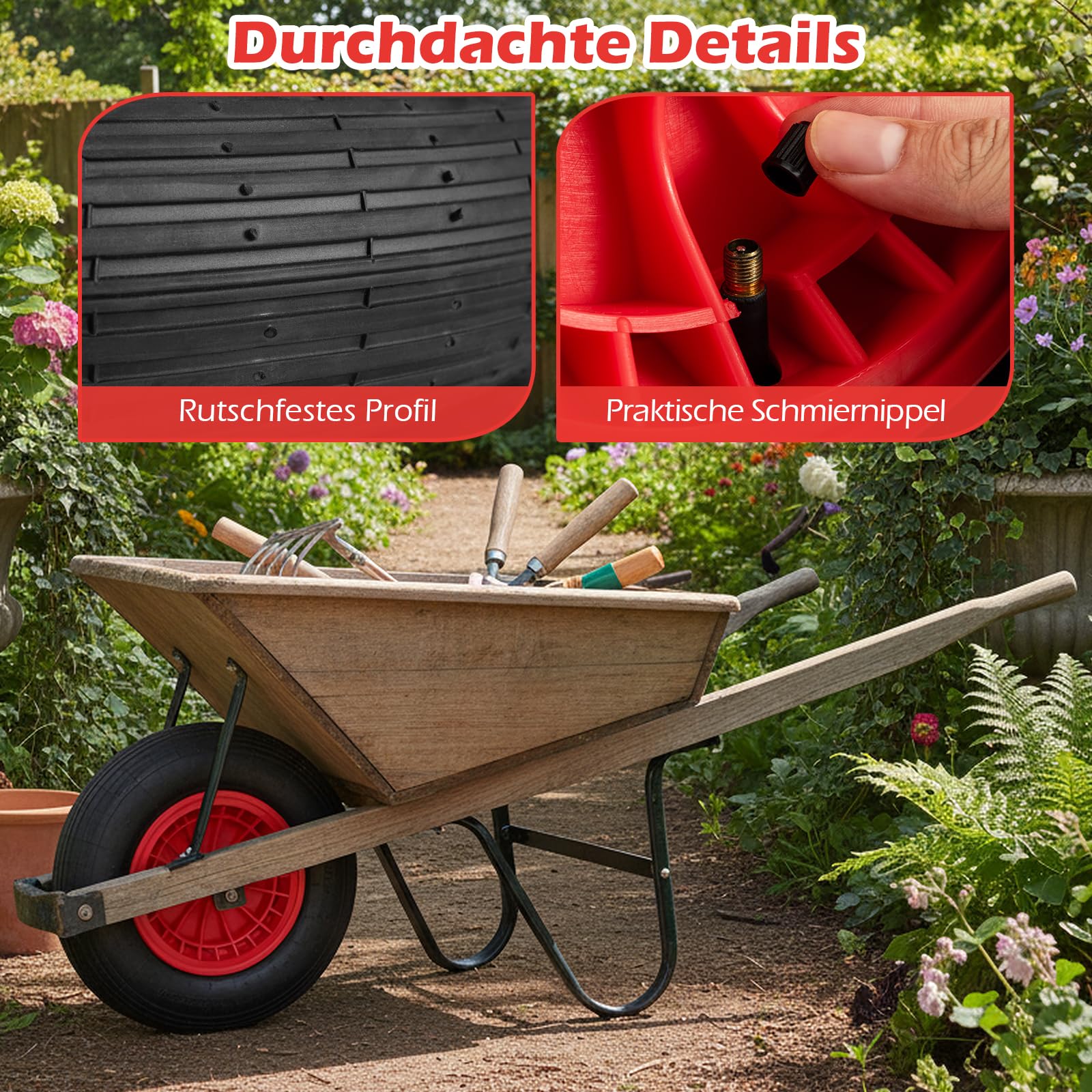 GYMAX 4.80/4.00-8 Ø 400mm Schubkarrenrad, Schubkarrenreifen vollgummi mit 20 mm Achse, zentrierte Nabe 8,8 cm, Geländereifen für Schubkarre, Sackkarre & Transportwagen, max. Traglast 250 kg (2)