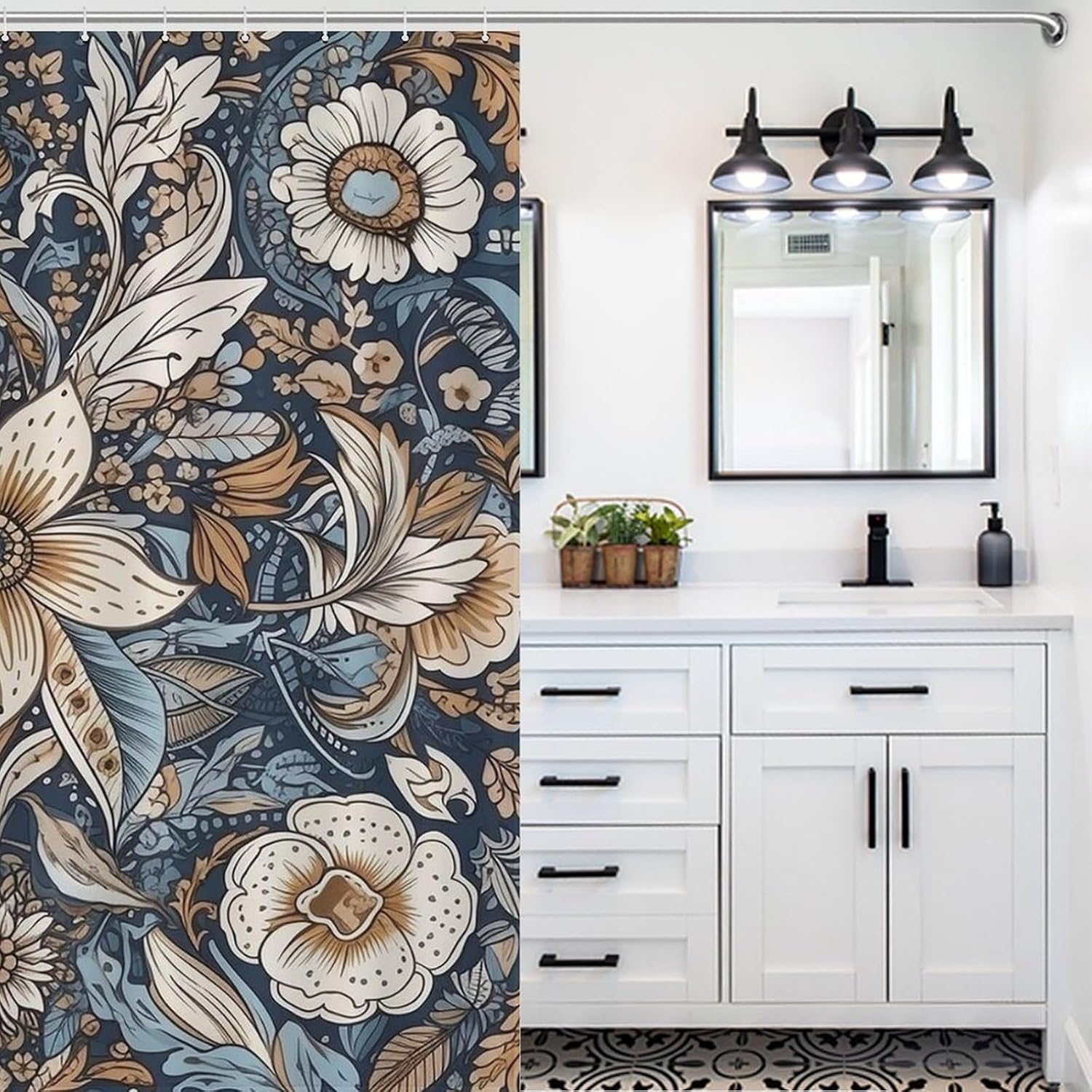 Bath Curtain for Bathroom Washable Shower Curtains Beautiful Blue Flowers Bathroom Curtain with Hooks Hotel Bath Curtain Fits Perfect to Every Bath Decor