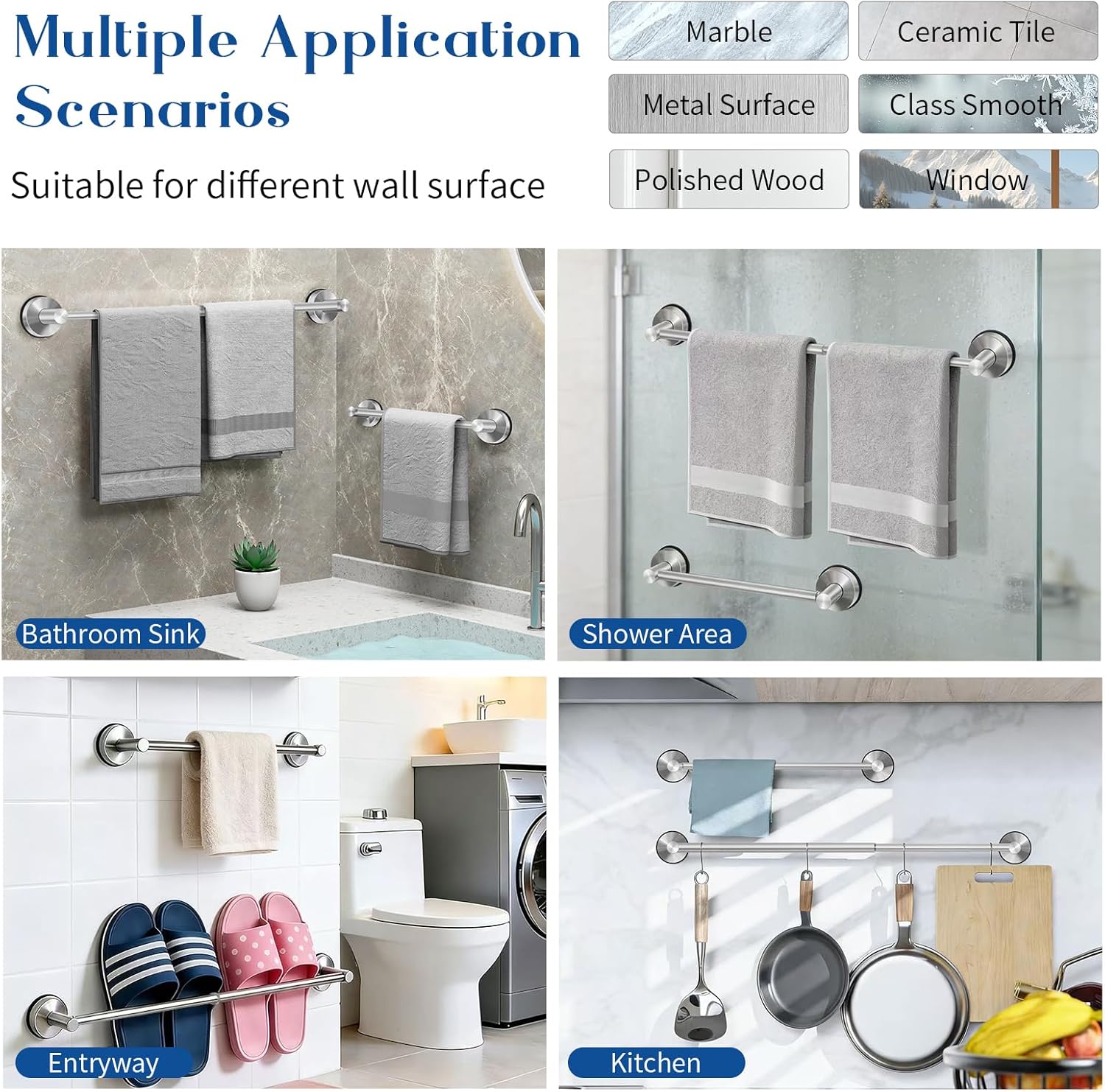 Adjustable Suction Cup Towel Bar for Bathroom Wall, 14.6–24 Inches Brushed Nickel Towel Bar, Stainless Steel Bath Towel Holder, Towel Racks for Bathroom Shower (Brushed Nickel, 2 Pack)