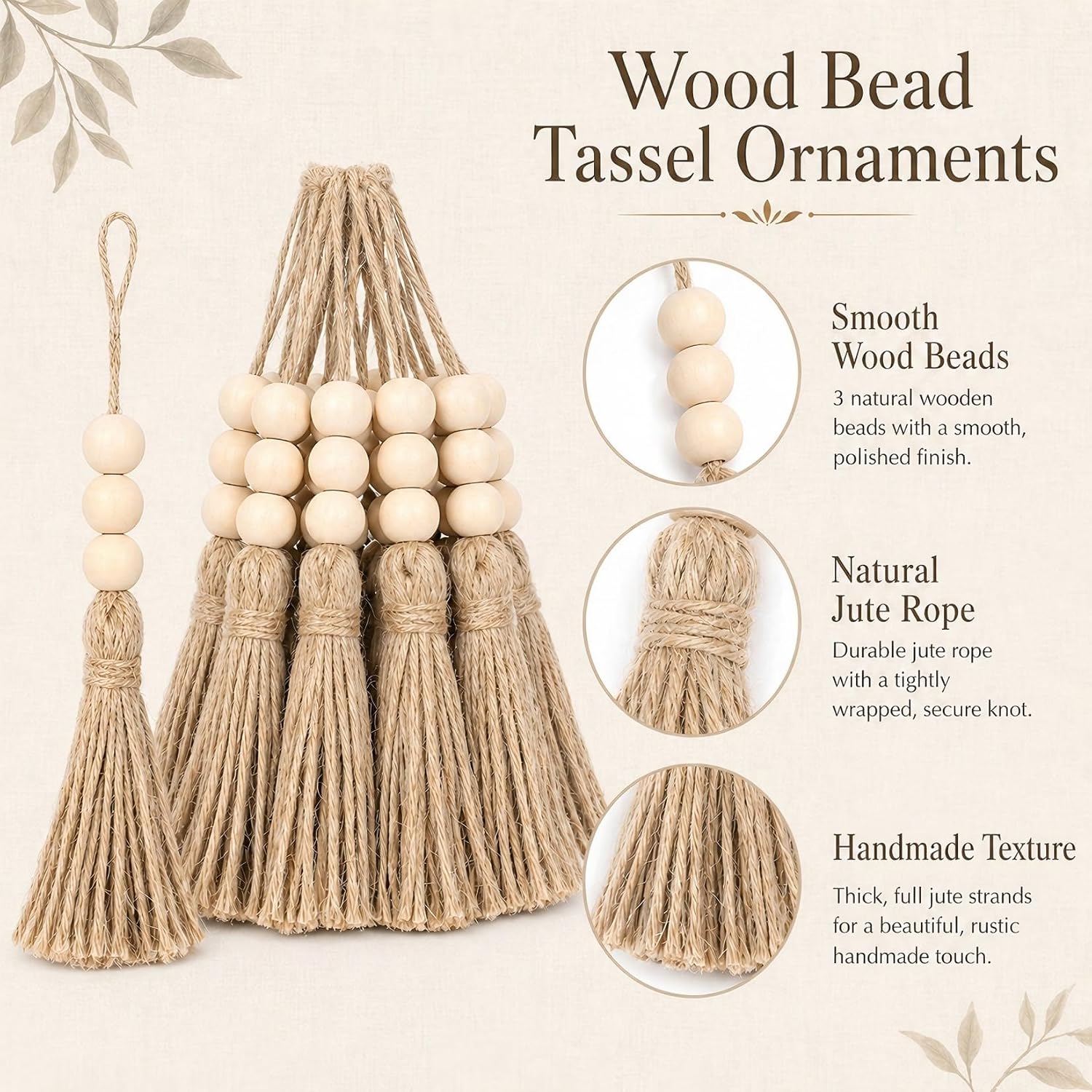 Jute Rope Tassel with 3 Wooden Beads - 20 Pcs Thick Handmade Jute Tassels for Garland Craft Decor Farmhouse Boho Home Door Hanging Decoration for Wedding Party Christmas DIY