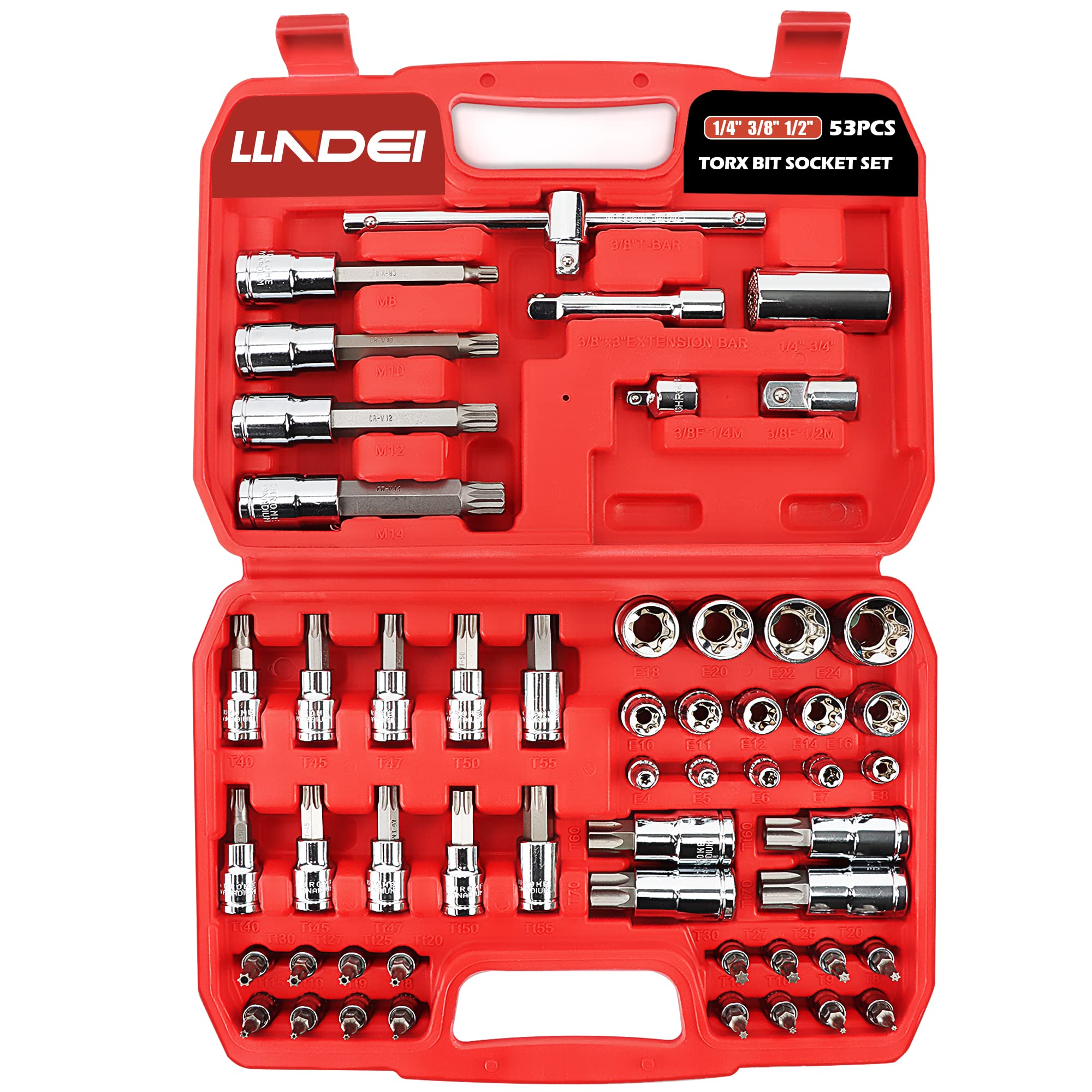 LLNDEI 53PCS Master Bit Socket Set 1/4 3/8 1/2-Inch and External Torx Sockets,Dr. 6p |Tamper Proof |E-Torx|Extra Long Spline Tip|Universal Socket,CR-V(T8-T70, TT8-TT70, E4-E24, M8-M14)