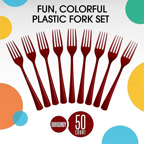 Miniatura 3 de Exquisite Tenedores de plástico burdeos, 50 piezas, tenedores color burdeos, utensilios desechables, juego de cubiertos de plástico resistente,