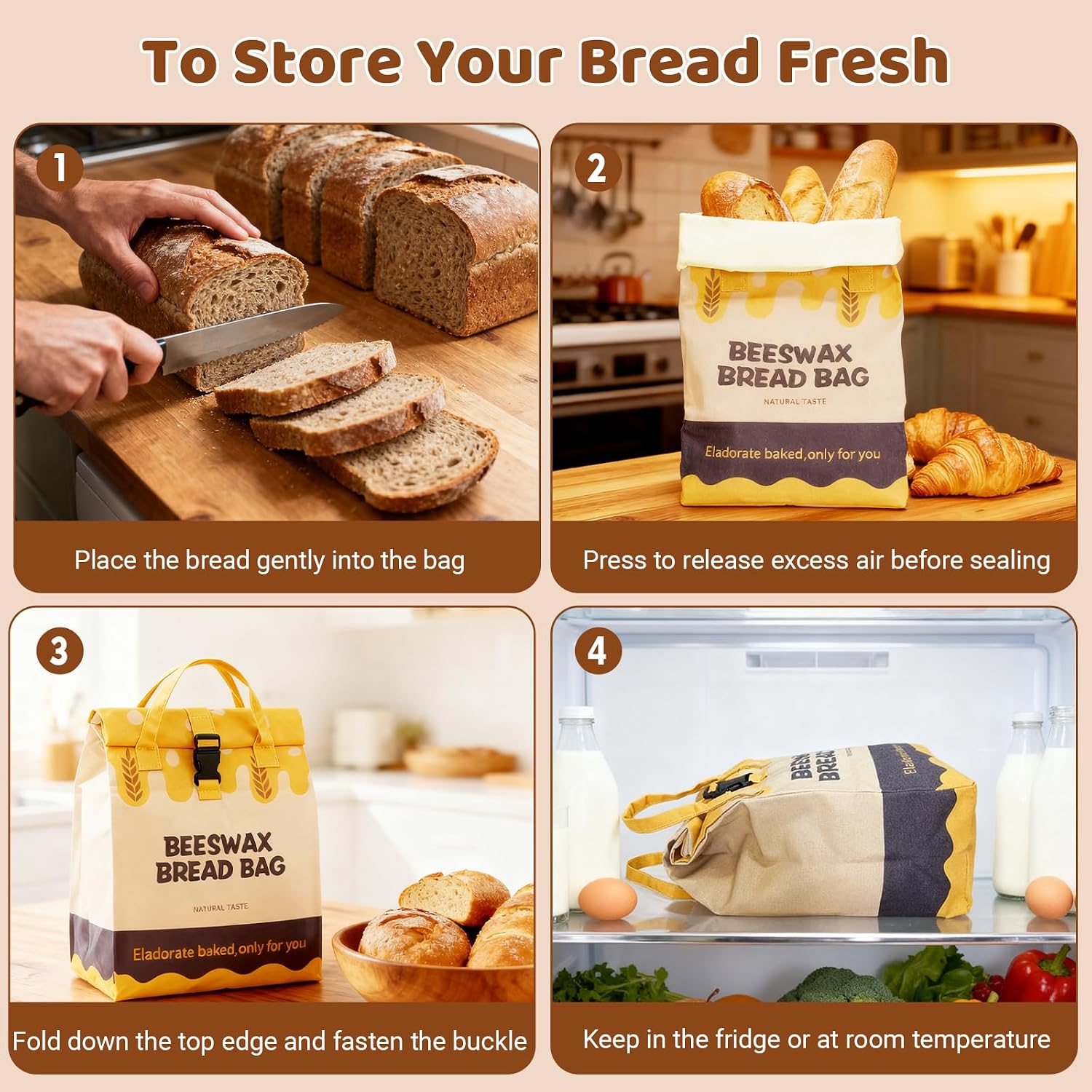 UWILLION Beeswax Bread Bags 2 Pack for Sourdough Loaves, Extra Large Reusable Linen Bread Storage Bag with Buckle Closure, Plastic-Free Food-Safe Bread Keeper for Homemade Artisan Bread image 2