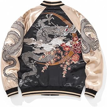 Dragon Embroidered Bomber Jacket Japanese Vintage Streetwear Spring Fall Zip Up Windbreaker Coat for Men Women