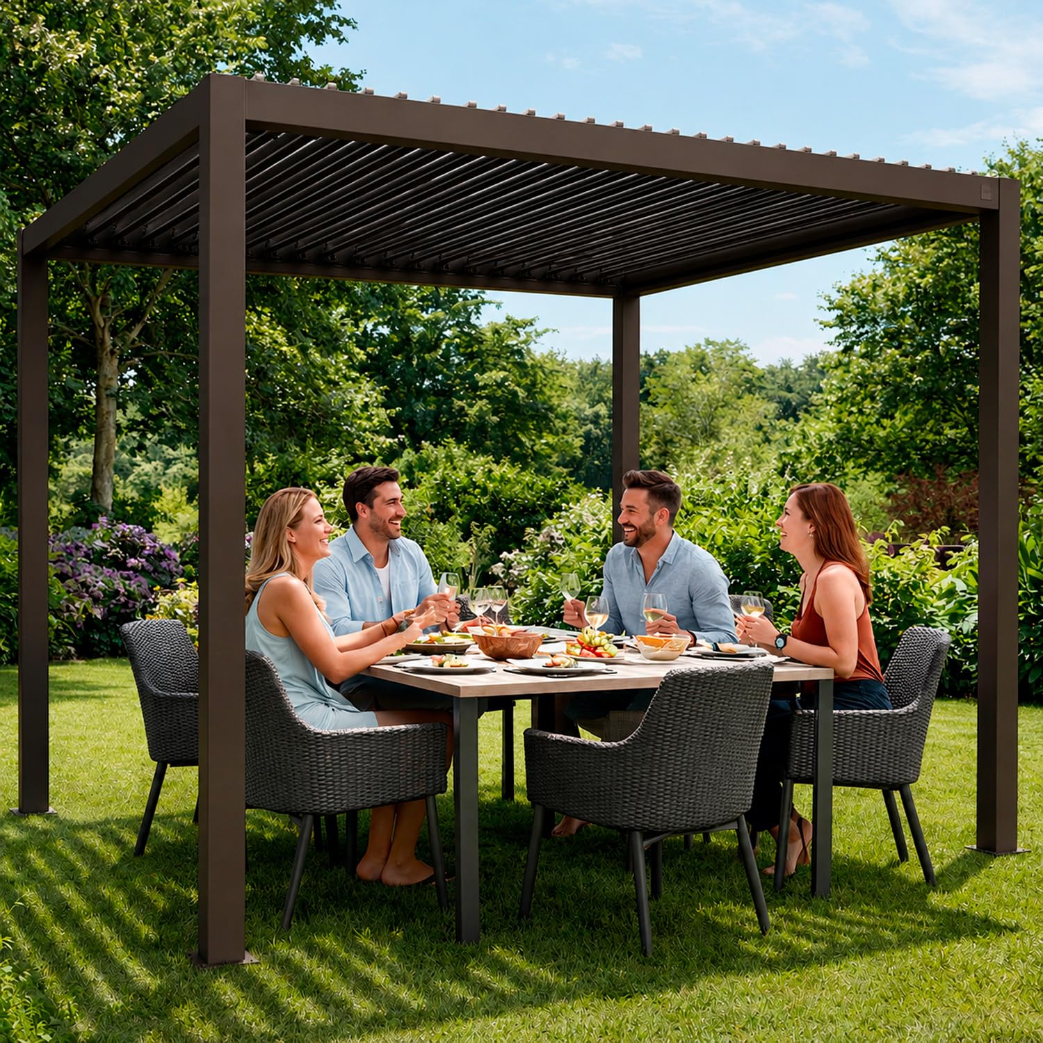 Pergola Bioclimatica 3x4 Metri Gazebo Con Copertura A Lamelle Orientabili Sistema Di Drenaggio Struttura In Alluminio E Acciaio Anti UV Per Giardino Terrazza E Piscina Marrone Opaco