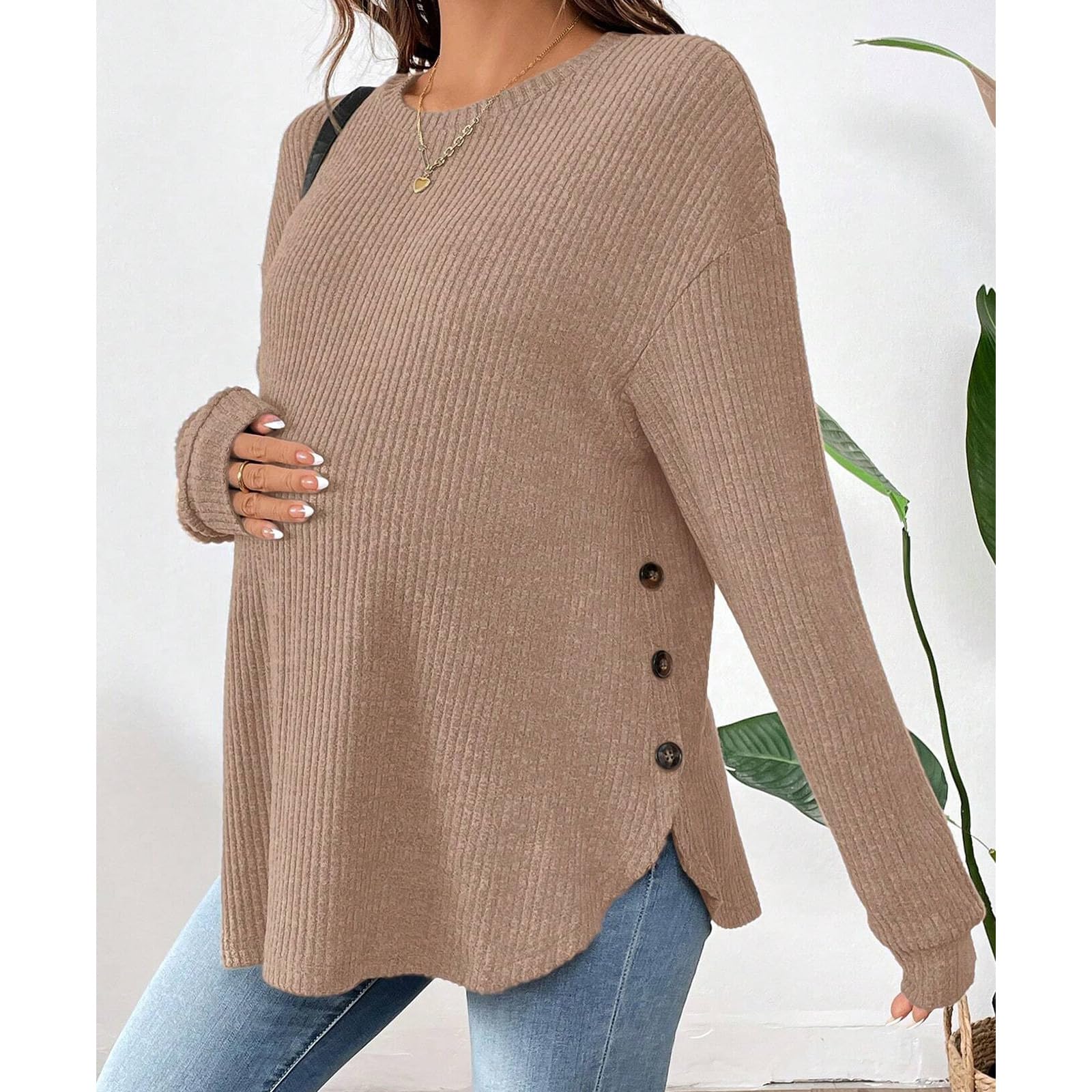 Chemise de grossesse élastique - Pull d'hiver chaud - Tissu doux et extensible - Fente latérale pour le confort maternel - Mobilité - Vêtements de grossesse - Troisième trimestre