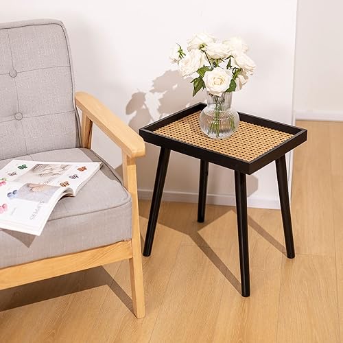 Miniatura 2 de Mesa auxiliar de ratán, pequeña mesa auxiliar de madera, mesa auxiliar bohemia, mesita de noche de ratán para sala de estar y dormitorio (1, negro)