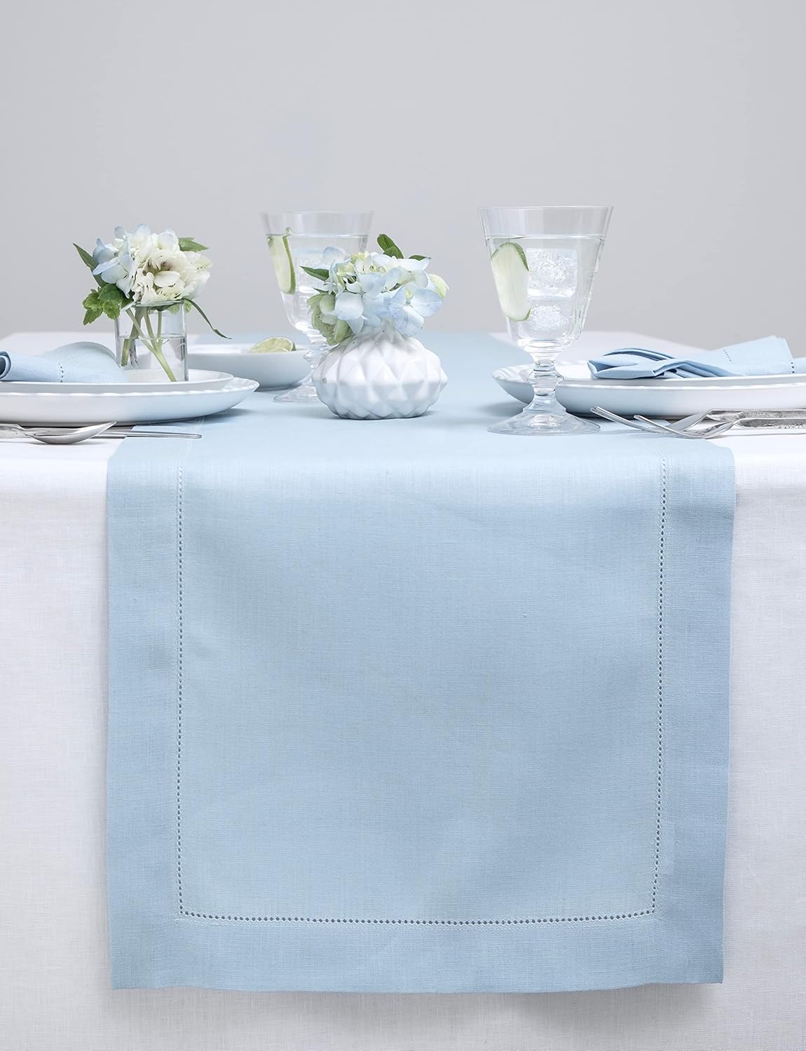Solino Home Sky Blue Table Runner 90 Inches Long - 100% Pure Linen Hemstitch 14 x 90 Inch Table Runner for Dining and Summer - Classic Hemstitch