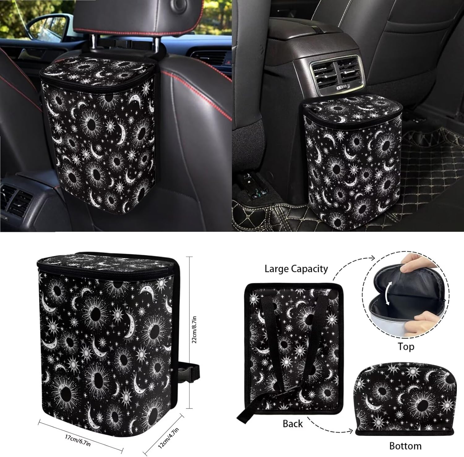 Celestial Sun Moon Stars Print Car Seat Covers 15Pcs Full Set Car Steering Wheel Cover Seat Belt Cover Trash Bin Air Vent Storage Box Rear View Mirror Car Cup Holder Keychain