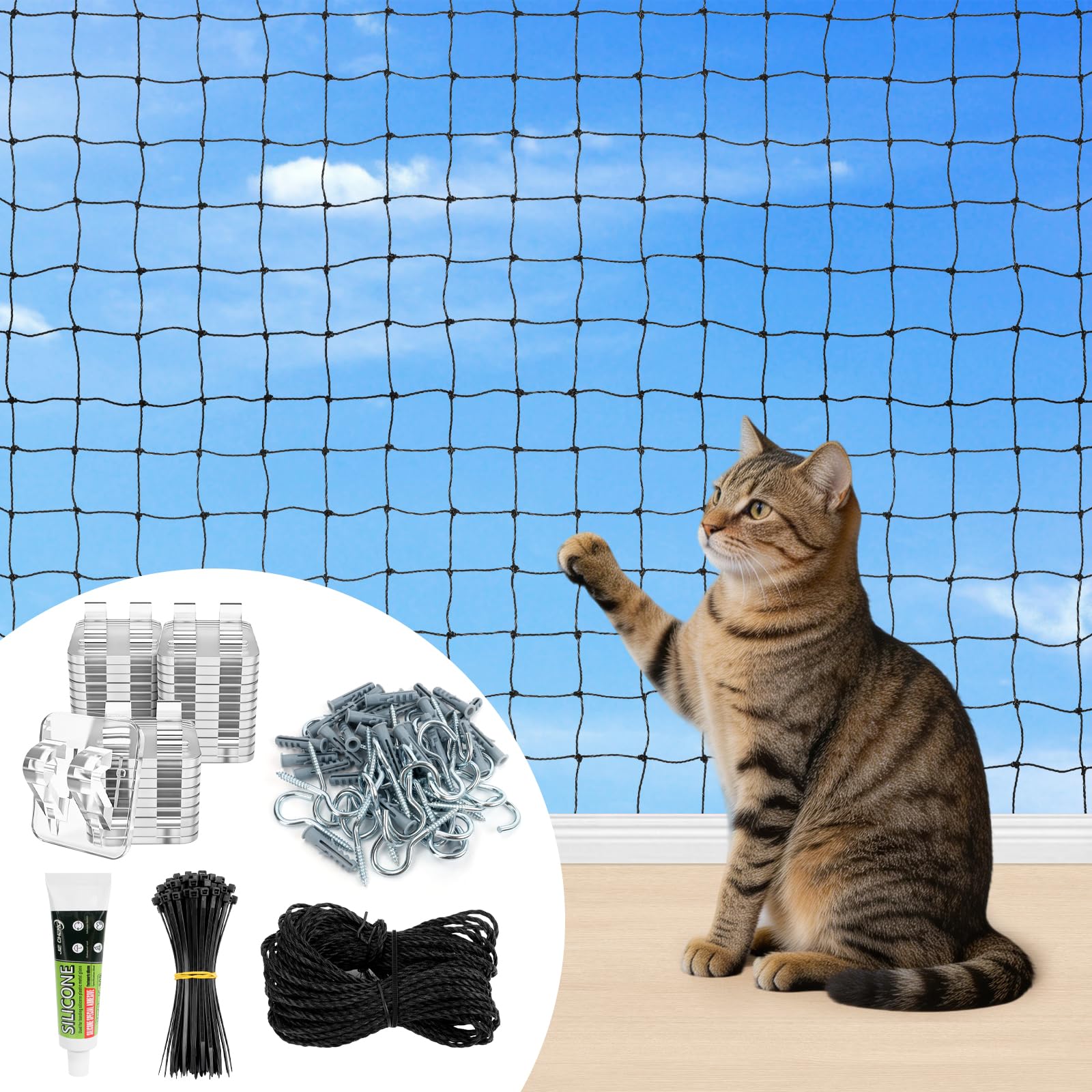 ETACCU Katzennetz für Balkon 3×4 m, Ohne Bohren, Drahtverstärkt, UV-beständig, 3×3 cm Maschen, Schwarz