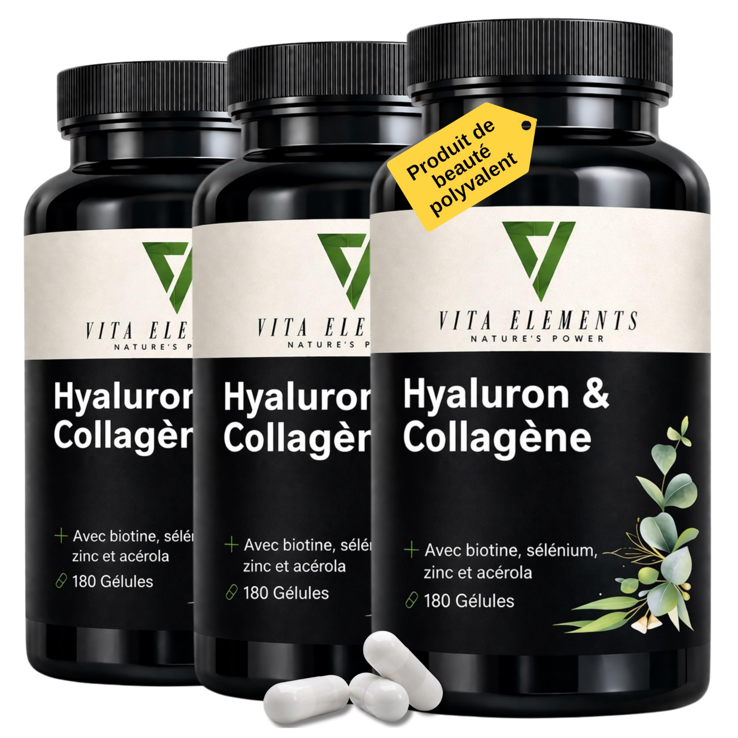 Vita Elements Complexe Acide Hyaluronique Collagène - 180 Gélules - Enrichi avec Biotine, Sélénium, Zinc, Vitamine C & Extrait de Bambou - 3 Mois de Stock - Testé en Laboratoire (3)