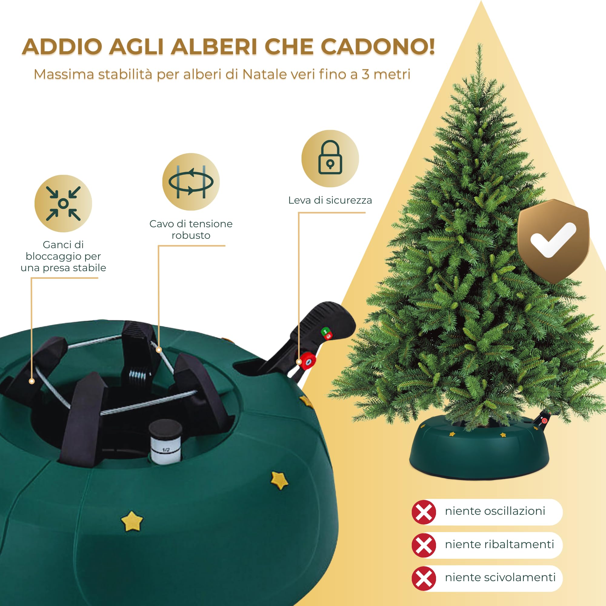 Supporto per albero di Natale fino a 3 m con pedale e sistema a corda, base stabile con serbatoio d’acqua da 3 L, design Verde Opaco con stelle – Kamai
