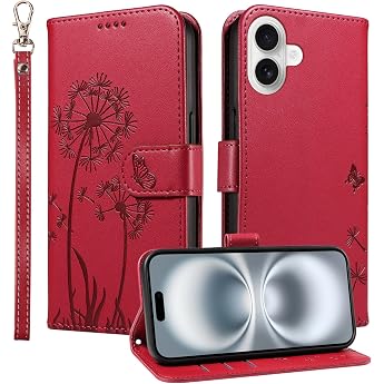 Mobile Phone Case for Apple iPhone 16 Plus Flip Case Dandelion Case Foldable with Card Slot Mobile Phone Case Protective Mobile Phone Case Leather Wallet Flip Case Cover - Red