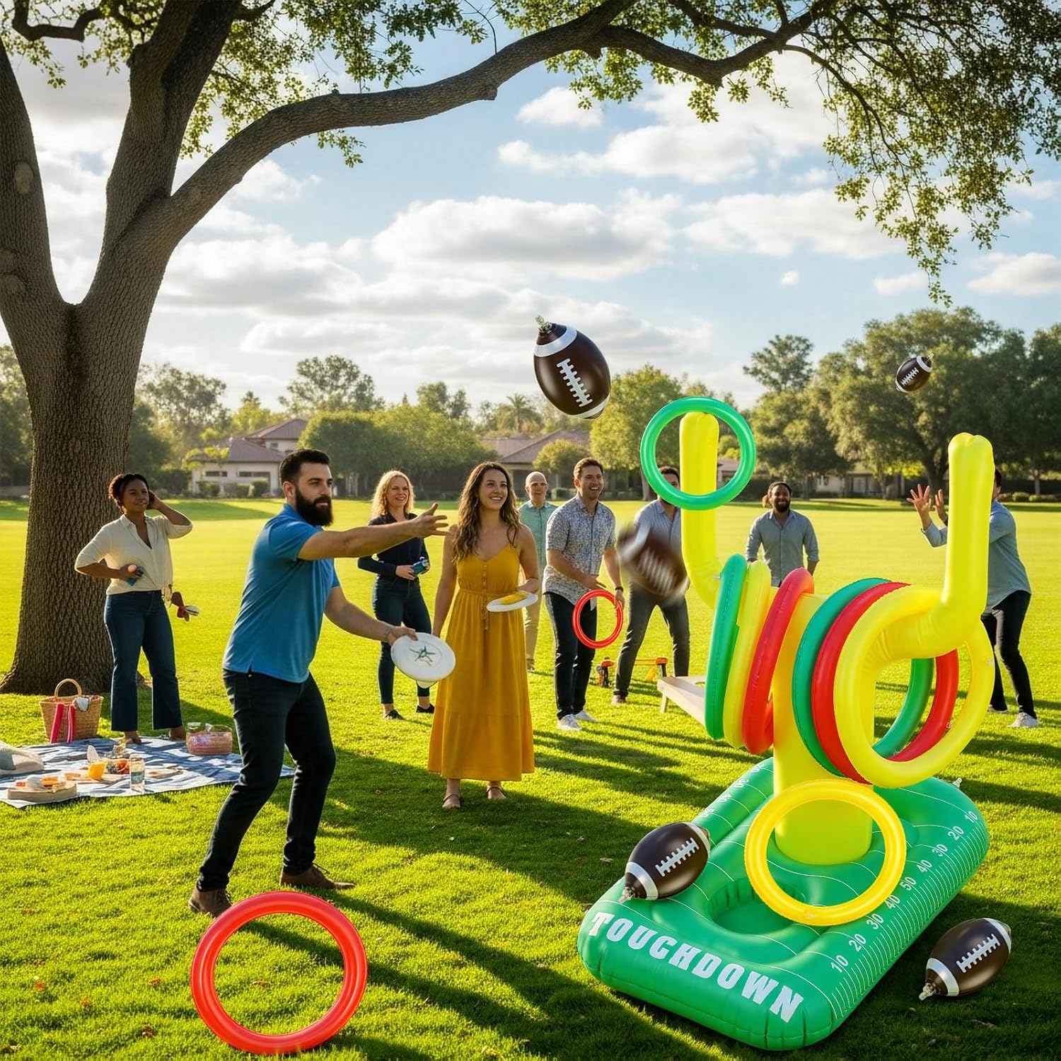 Civaner 2-in-1 Football Pool Cornhole Games Set for Adults, Inflatable Bean Bag Toss & Goal Post Game, Football Swimming Pool Game Toy for Family Water Floating Beach Yard 5 Bean 6 Ring