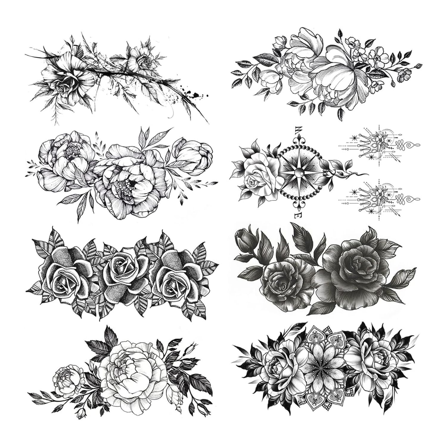 Rumyve8 Black and White 3D Realistic Rose Peony Flower Temporary Tattoos - Long-Lasting Fake Tattoos for Adults