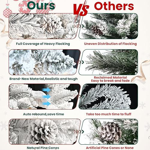 Miniatura 3 de Maylaviu Árbol de Navidad artificial, pino de Navidad flocado de nieve con piña, árbol de Navidad con bisagras flocadas de nieve, decoración de