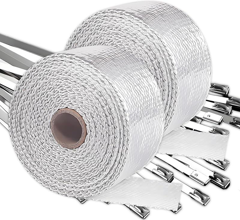 Silver Exhaust Wrap 2" x 200" (2 Rolls) - High Temp Fiberglass Header Wrap for Motorcycle, Car, Exhaust Pipes, Muffler Tape & Header - Heat Resistant 2000°F, Easy Install & Durable (Silver, 2 Rolls)