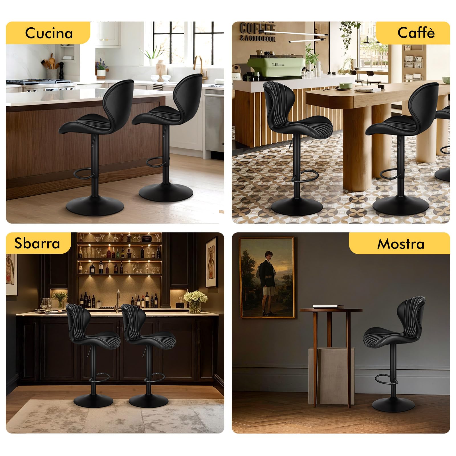 ALFORDSON Sgabello da bar, 2 pezzi, regolabile in altezza, per cucina, bar, sala da pranzo, girevole, altezza seduta 59-81 cm, Pelle PU, Nero