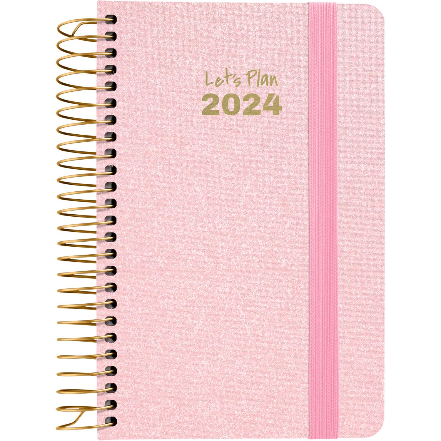 Grafoplás | 2024 A6 Day Page Diary | Spanish | 10.5 x 16.5 cm | Spanish | Hard Cover | Metallic Fabric Cover | Elastic Closure | Pastel Pink | Metallic Series