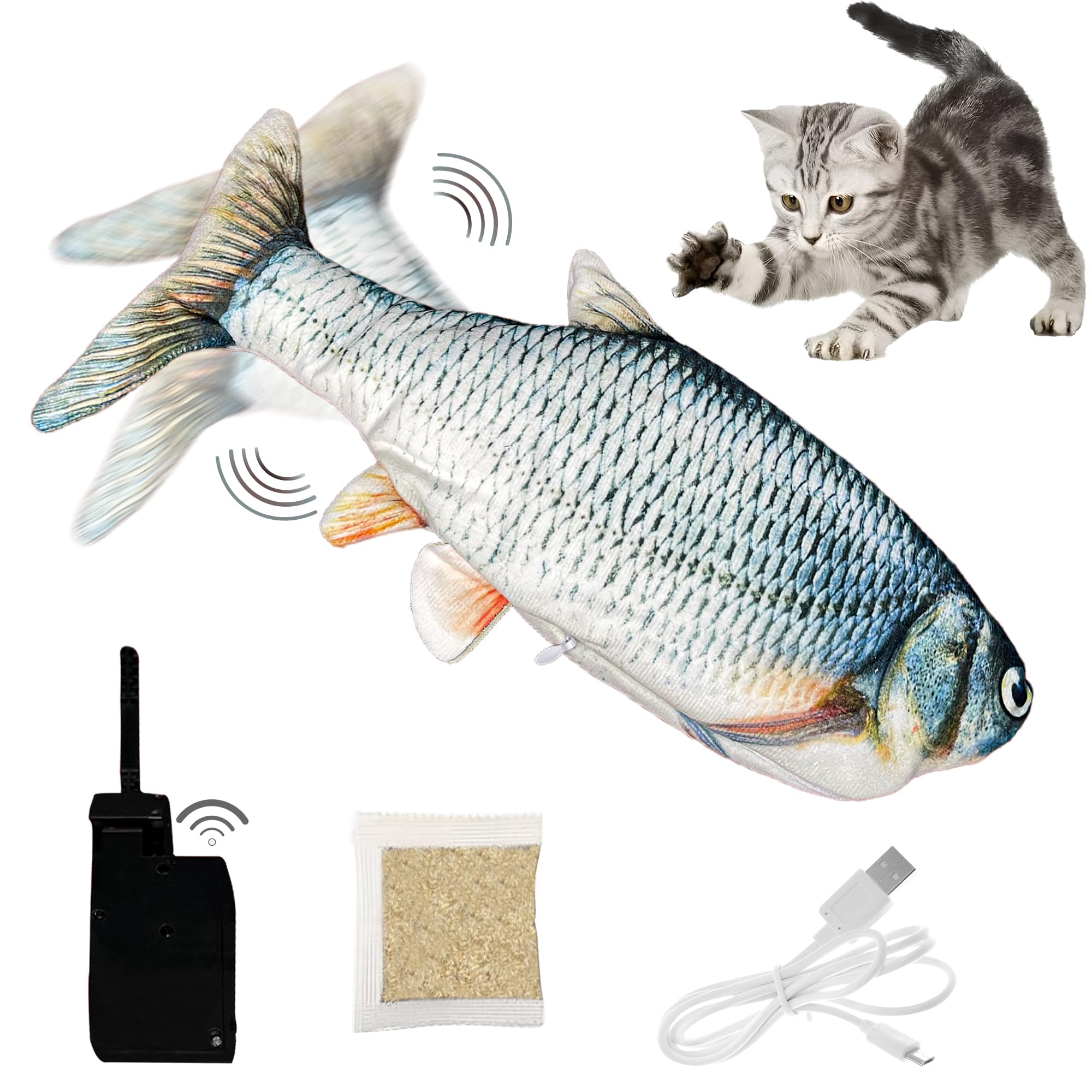 KOKU HOME Juguetes para Gatos Pez - Juguetes Gatos Interactivos con Carga por USB - Juguete Gatos Movimiento con Materiales Pet Friendly - Accesorios Gatos Pequeños y Adultos (Azul)