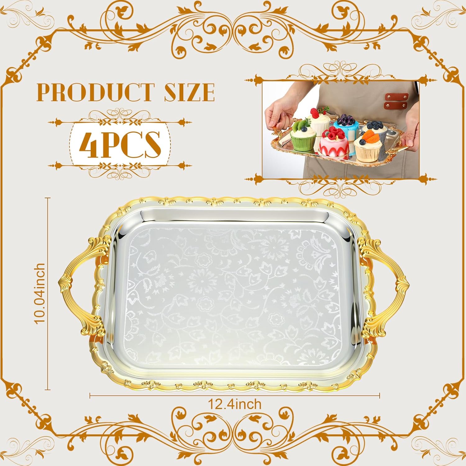 4 Pcs Silver Serving Tray with Handles Elegant Victoria Floral Engraved Metal Platters Large Decorative Trays for Buffet,Wedding Party, Jewelry Display, Service(Vintage,Slive and Gold)