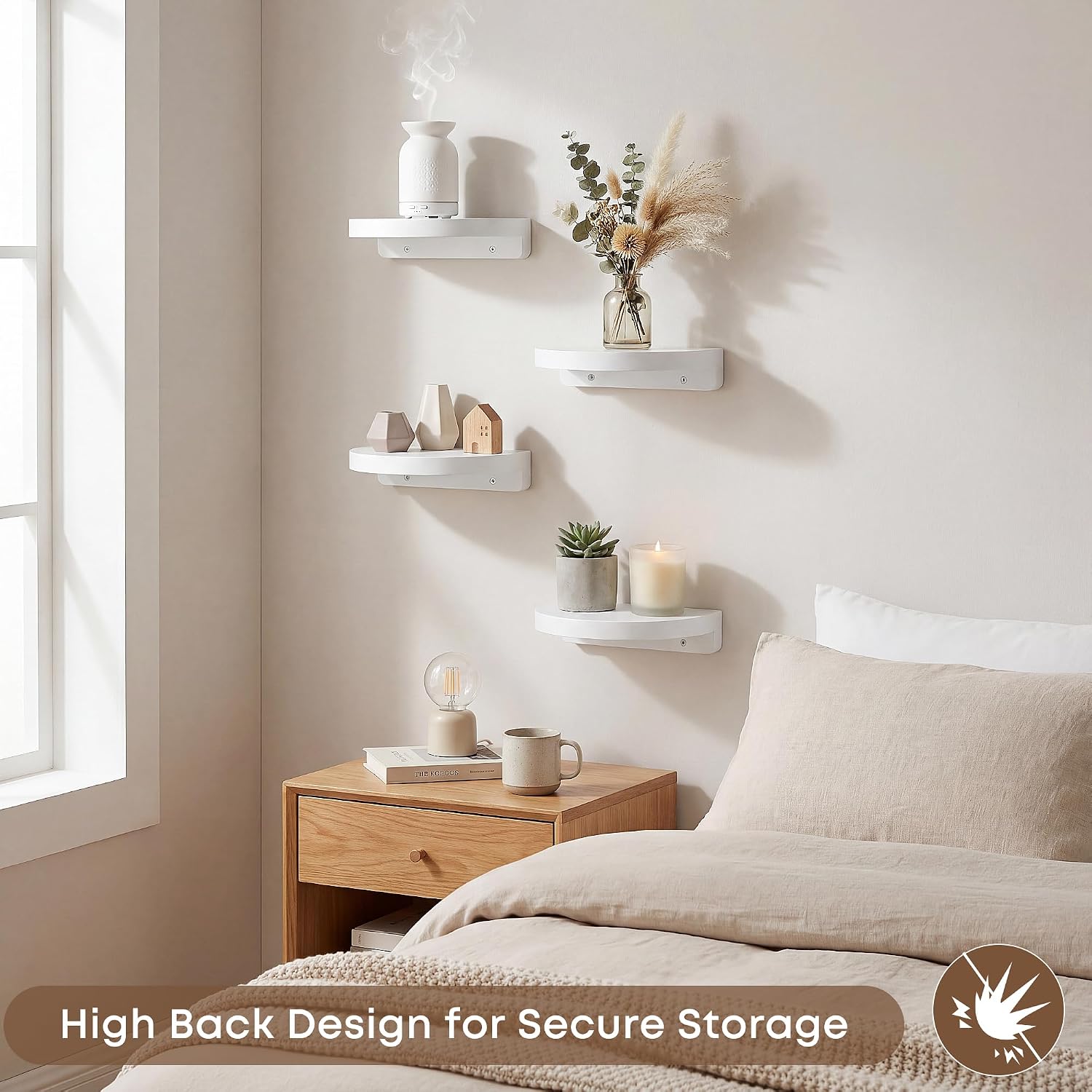 Round Small Floating Shelf,Small Wall Shelves,Mini Speaker Shelf Wood | Plants Display Ledges Storage Elegant for Bathroom Living Rooms Bedroom Offices Home Decor,6-inch Diameter,4PCS,White