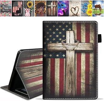 Case for All-New Amazon Kindle Fire 7 Tablet 7" Display, 12th Generation, 2022 Release, Premium PU Leather Stand Cover with Smart Auto Wake, American Flag and Cross