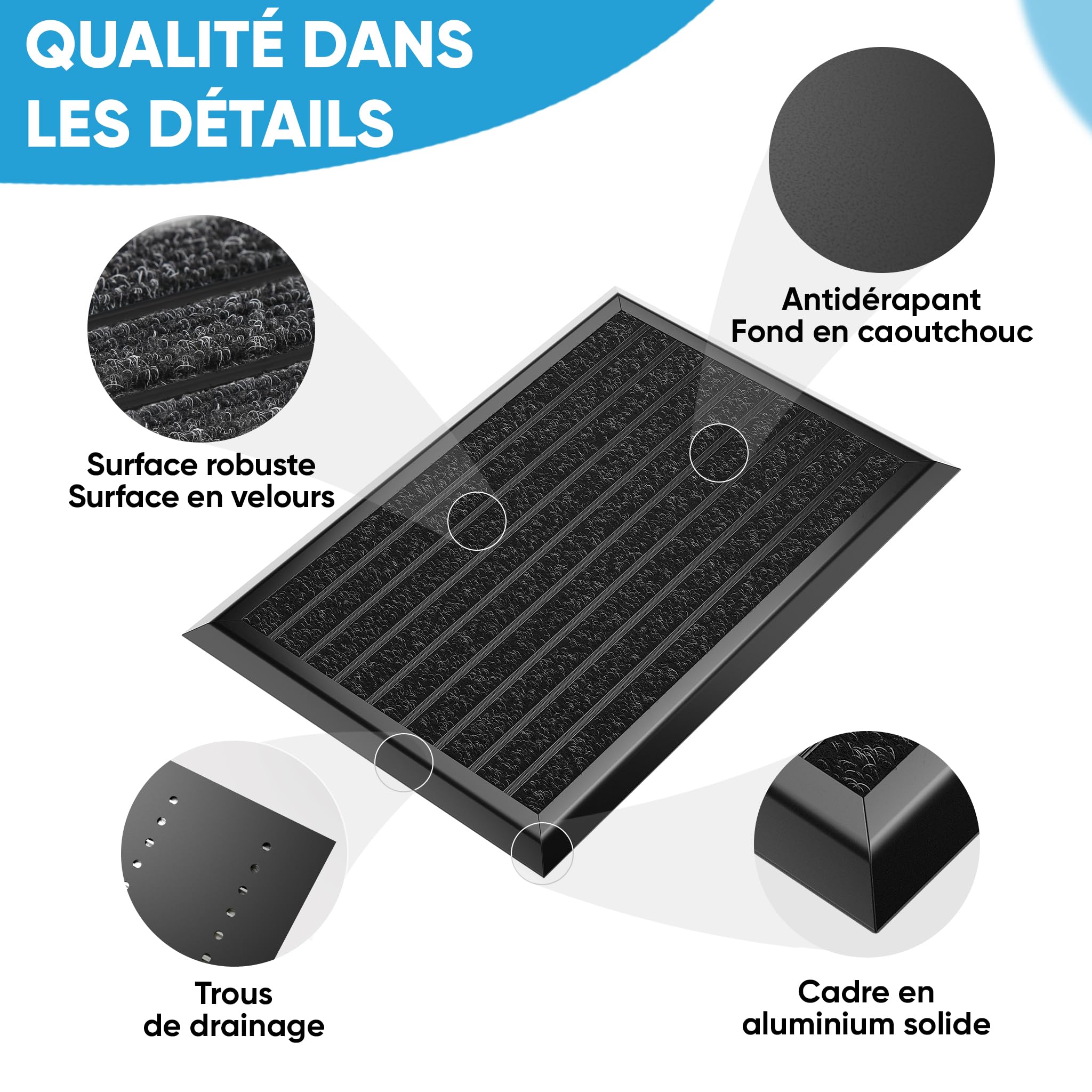 WEST&EAST Tapis d'entrée extérieur 55x90 cm, paillasson extérieur avec Bord en Aluminium Noir et revêtement en polypropylène, Tapis d'extérieur résistant à la Pluie, Tapis de Porte pour entrée