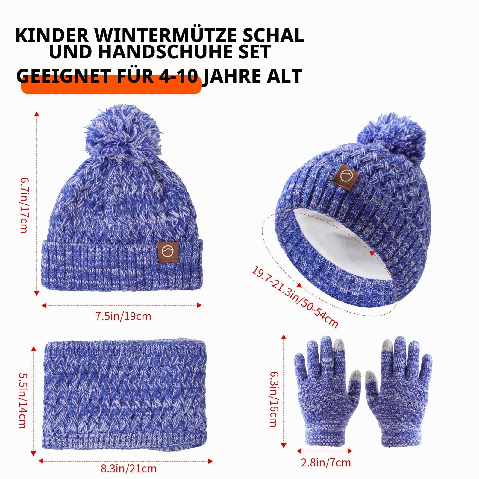 Kinder-Wintermütze, Schal und Handschuhe, warme Thermo-Strickmütze, Halswärmer, Touchscreen-Handschuh mit weichem Fleecefutter, für Mädchen und Jungen, Alter 4–10 Jahre