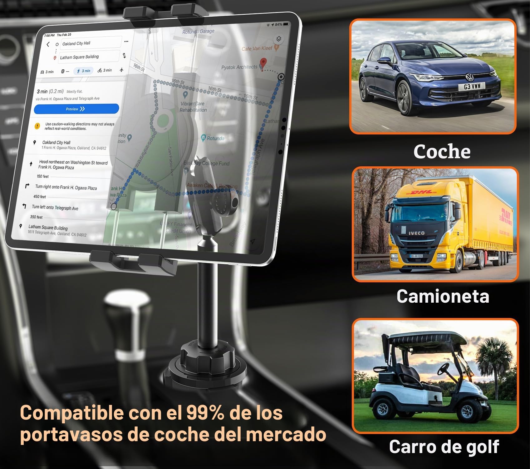 Soporte Tablet Coche Portavasos Resistente - Estable y Duradero | Soporte Tablet Camión Taza con Brazo Metal para Tableta y Móvils, iPad Pro Air Mini, Galaxy Tab, Kindle, Lenovo, 4-12.9"